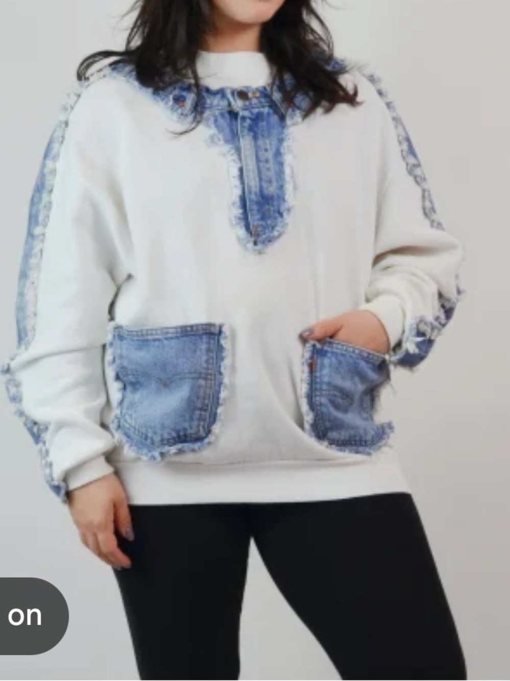 Hanes White Crewneck Sweatshirt with Distressed Blue Denim Patches